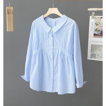 淺藍色豎條紋長袖襯衫女設計感收腰顯瘦棉質襯衣小清新寬松上衣