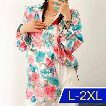 【韓國K.W.】法式滿版印花風格韓流知性襯衫上衣外套(防曬/長袖襯衫/長袖上衣/薄外套)