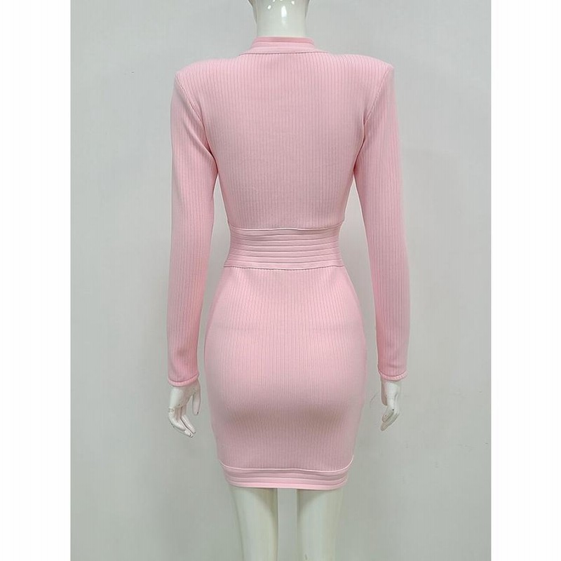 バンテージ ボディコン ドレス ボタン ピンク ロング 長袖 ミニ