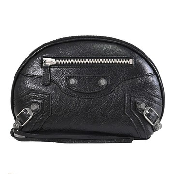 BALENCIAGA 巴黎世家 763612 羊皮鉚釘收納包/貝殼化妝包.黑