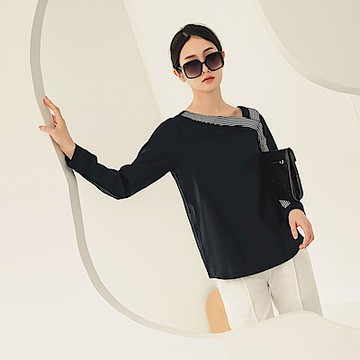 OB嚴選-不易皺斜領條紋拼接長袖上衣