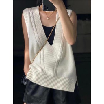 歐洲站早秋新款羊毛馬甲女氣質慵懶V領麻花開叉背心針織坎肩