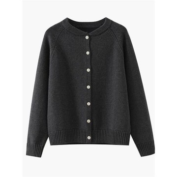 100%純棉開衫毛衣女短款深灰色寬松秋冬季外穿加厚全棉針織衫外套