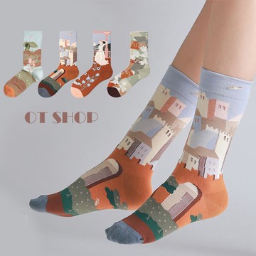 OT SHOP [現貨] 襪子 中筒襪 運動襪 男女 棉質 創意油畫藝術風 街頭個性潮流 M1098
