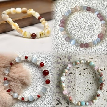 天然玉石貝珠手鍊 M16 福壽石 紅瑪瑙 貓眼石串珠彈力繩手環