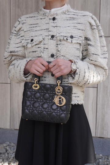 【日本直送 名牌中古包】Christian Dior Cannage 手提包 黑色 Logo 吊飾 皮革 Lady Dior 885e65