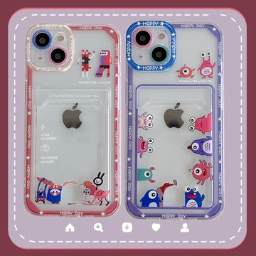 卡通小怪獸 插卡手機殼 鏡頭全包 空壓殼 iPhone16 15 14 13 12 11 ProMax 可插卡/悠遊卡/