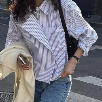 韓國chic夏季設計感小眾POLO領大口袋寬松百搭長袖防曬條紋襯衫女