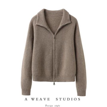 源自內蒙古產高領山羊絨拉鏈開衫女翻領顯瘦寬松時尚針織外套上衣