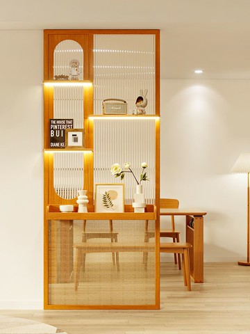 日式藤編玻璃隔斷置物架一體客廳玄關入戶實木櫻桃木屏風干區遮擋 LPS105 保售後 快速出貨