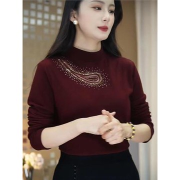 秋冬季新款時尚鏤空鑲鉆媽媽裝長袖t恤小高領套頭雙面絨打底衫女