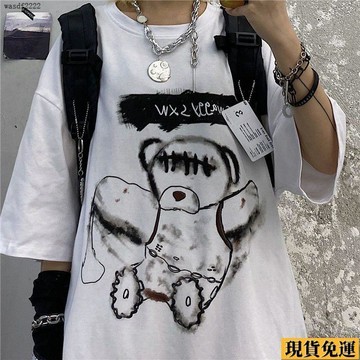 ✨臺灣發✨ 潮流ins暗黑系復古日系潮牌塗鴉小熊印花  短袖  T恤男女 夏季  上衣 情侶