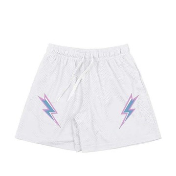 臺灣出貨 閃電印花速幹美式短褲網眼不過膝運動4分夏季跑步籃球寬鬆休閒四分褲跑步短褲 五分褲
