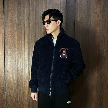 美國百分百【全新真品】GUESS 刷毛外套 男款 休閒 長袖 專櫃精品 泰迪熊 logo 夾克 深藍 CW35