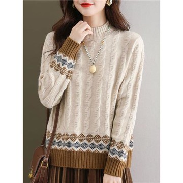 半高領麻花毛衣女秋冬2025新款拼色套頭顯瘦加厚羊毛衫羊絨打底衫