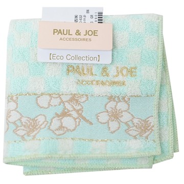 PAUL & JOE 100%棉方格花朵刺繡圖騰品牌字母LOGO小方巾(粉藍綠系/21CM)