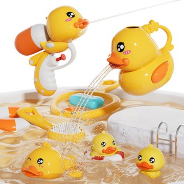 Colorland-洗澡玩具 黃色小鴨8件套 發條戲水玩具 花灑 噴水槍 網撈