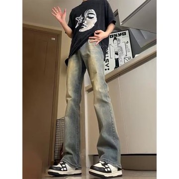 高腰復古藍2025修身牛仔褲男款春秋美式高街vibe褲子直筒微喇褲男
