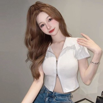 🍉原創夏季新款辣妹純欲風翻領短袖T恤女修身顯瘦設計感雙拉鍊露臍