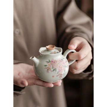 大雨時行手繪紫藤花茶壺女士小容量花口壺泡茶器中式功夫茶具單壺