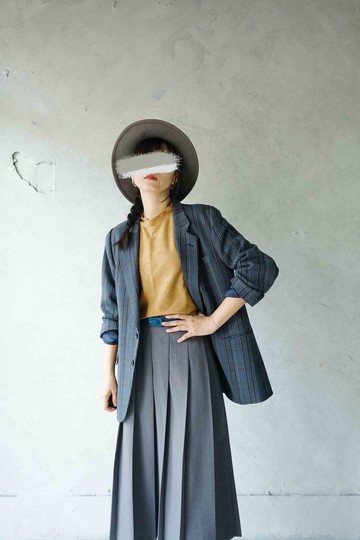 尋寶古著-紳士中性風深藍格紋精梳毛料西裝外套