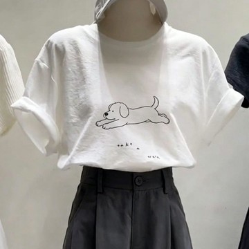 韓系小狗印花寬鬆純棉短袖t恤女夏季新款百搭時尚減齡顯瘦上衣ins短款T恤 韓版上衣 辣妹上衣 夏日穿搭 顯瘦上衣 衣服
