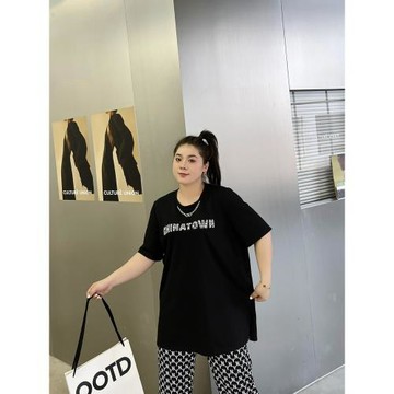 大碼女裝夏季胖妹妹mm棉質寬松顯瘦中長款開叉重工燙鉆T恤連衣裙
