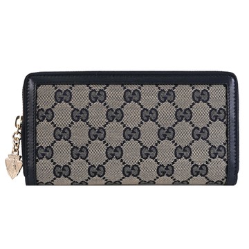 GUCCI 790035 Luce 經典緹花LOGO皮革邊飾拉鍊長夾.深藍