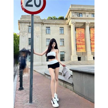 GARIS 歐美辣妹風套裝2024新款拼接短款抹胸包臀裙性感兩件套