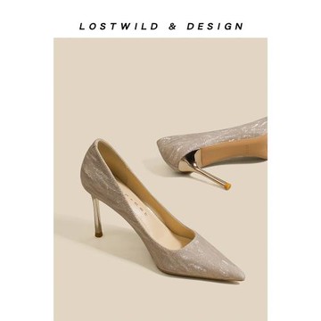 LOSTWILD 美不勝收~法式金色淺口仙女風高跟鞋2024年細跟尖頭單鞋
