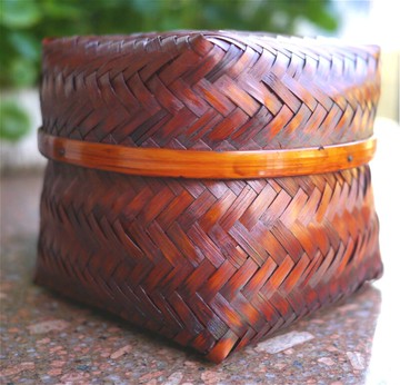 竹編工藝品日式帶蓋圓口方底茶葉糖果收納盒小號