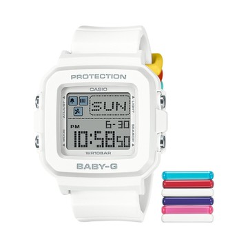 CASIO卡西歐 BABY-G +PLUS 活力繽紛 可愛方型 亮亮白 彩色錶帶環組  BGD-10L-7_39mm