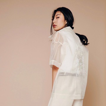 窗系列 手工法式刺繡珠繡 透明蠶絲短袖襯衫