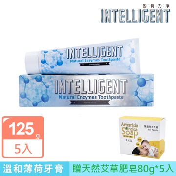 INTELLIGENT 因特力淨成人酵素牙膏 125g【清新薄荷】5入--贈LHS天然艾草肥皂 (80g*5入)