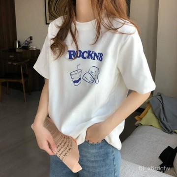 夏季女裝 純棉T恤 正肩短袖 T恤女 上衣女 印花上衣 圓領短袖 大碼寬鬆T恤 休閒百搭短袖 簡約上衣