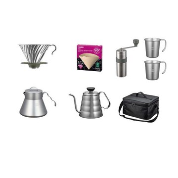 【HARIO】V60戶外旅行露營登山用咖啡全套組O-VOCF (磨豆機+濾杯+細口壺+分享壺+露營杯+攜行袋+濾紙)