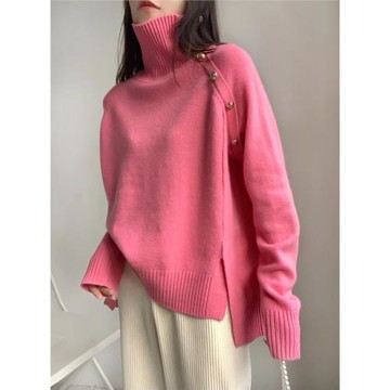 Rouje Reformation側紐扣開叉設計感高領套頭毛衣外穿寬松針織衫