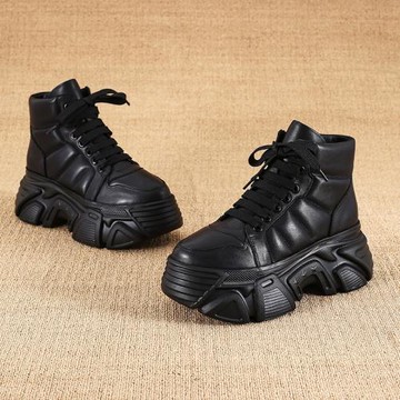 歐州站高幫鞋女小碼33秋冬新款增高厚底松糕鞋真皮休閑運動老爹鞋