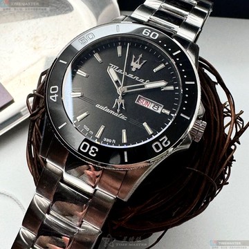 [星晴錶業]MASERATI手錶,44mm,R8823100002黑色錶面黑錶殼銀色精鋼錶帶款