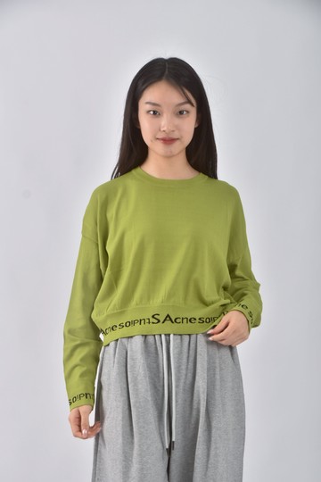 (F) 修身短版圓領落肩綠色長袖上衣