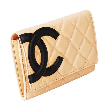 CHANEL 康朋雙C LOGO羊皮3卡扣式中夾(展示品/黑x米底)