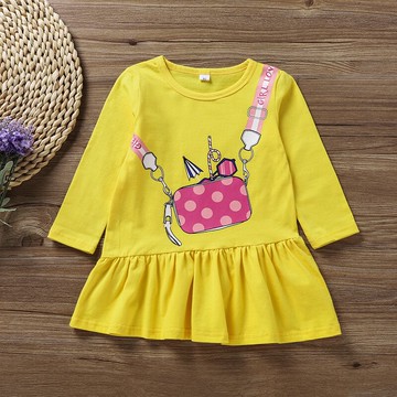 女童新款B類紗其他8歲風挎包印花中小童黃色寬松百褶裙春秋季潮