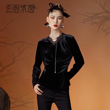 云思木想摩登中國風秋季新款黑色長袖蕾絲花邊絲絨T恤女10788