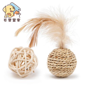 (毛寶當家)草編鈴鐺雙球組合*2組入 貓玩具 貓咪鈴鐺羽毛雙球玩具 寵物玩具