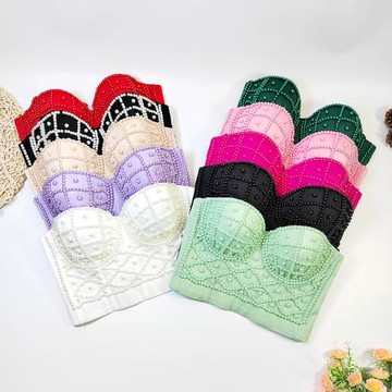 珍珠吊帶背心魚骨軟支撐外穿胸衣鋼圈露臍性感短款舞臺演出歐美風