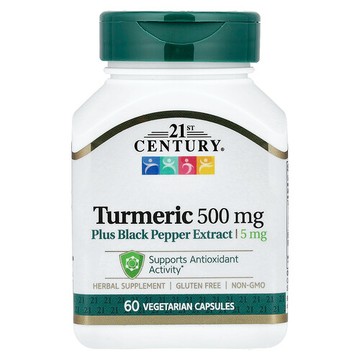 21st Century, 薑黃 + 黑胡椒提取物，500 毫克，60 粒素食膠囊