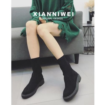 小碼短靴女春秋單靴彈力襪子鞋2025年新款粗跟裸靴瘦瘦馬丁靴襪靴