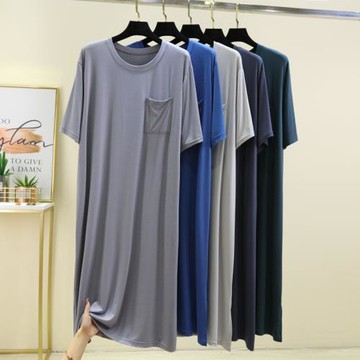 莫代爾男士睡衣夏季寬松加大碼短袖家居服浴袍薄款中長款睡裙簡約