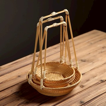 精品茶點盤收納欄茶道點心盤茶配件竹編復古小果籃玉竹小提籃零售