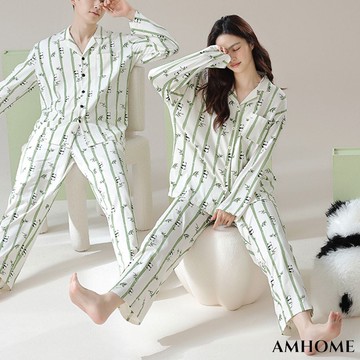 【Amhome】【抗菌新疆棉新款情侣睡衣纯棉睡衣男女家居服長袖長褲2件式套装# 120947 (現貨+預購)